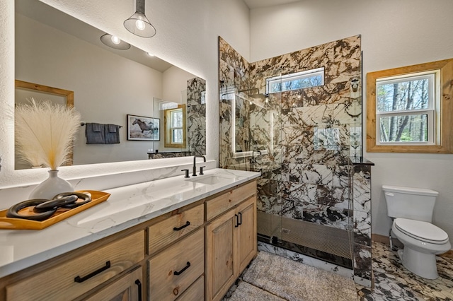 366 Three Oaks Dr, Morganton, GA 30559 - full bathroom featuring toilet, a marble finish shower, and vanity