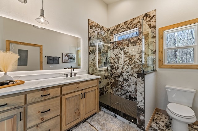 366 Three Oaks Dr, Morganton, GA 30559 - bathroom with toilet, walk in shower, vanity, and electric panel