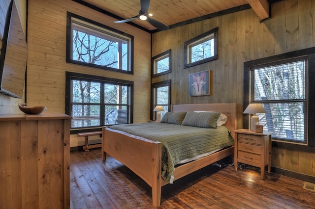 bedroom featuring beam ceiling, wood walls, dark hardwood / wood-style flooring, and wooden ceiling