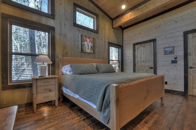 bedroom with dark hardwood / wood-style flooring, multiple windows, wooden ceiling, and wood walls