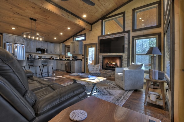 living room featuring wooden ceiling, high vaulted ceiling, a fireplace, beamed ceiling, and dark hardwood / wood-style flooring