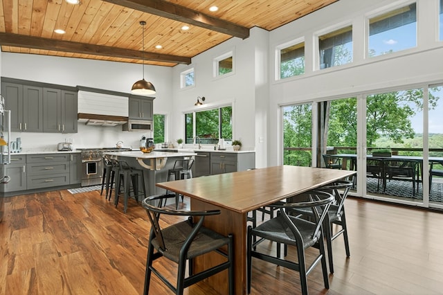 897 Faraday Dr, Ellijay, GA 30540 - dining area featuring recessed lighting, a high ceiling, a wooden ceiling with exposed beams, and dark wood-style floors