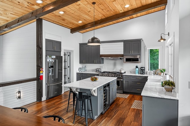 897 Faraday Dr, Ellijay, GA 30540 - kitchen with premium appliances, a wood ceiling with exposed beams, beverage cooler, custom range hood, and light stone counters