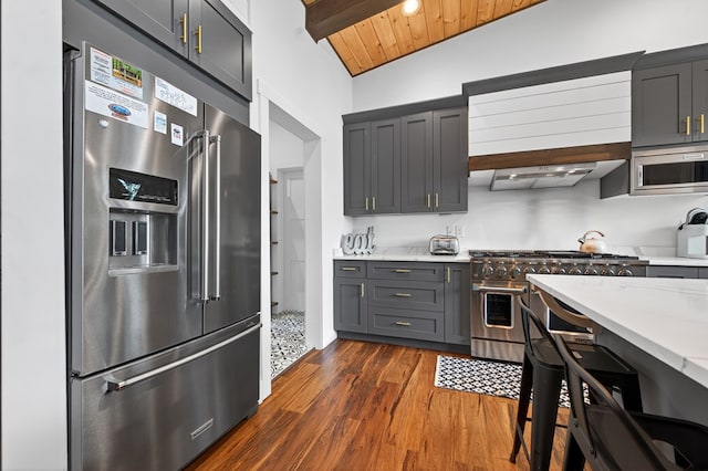 897 Faraday Dr, Ellijay, GA 30540 - kitchen featuring premium appliances, dark wood-style flooring, light stone counters, and gray cabinetry