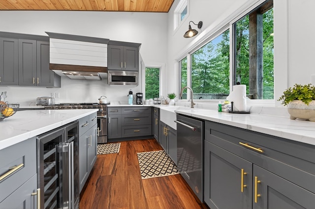 897 Faraday Dr, Ellijay, GA 30540 - kitchen with wine cooler, stainless steel appliances, wood ceiling, gray cabinets, and dark wood-type flooring