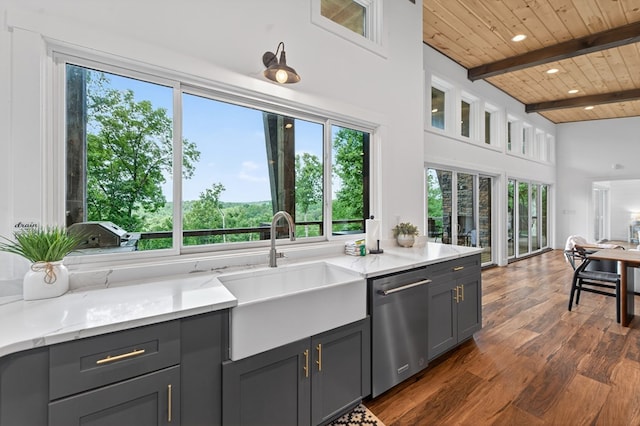 897 Faraday Dr, Ellijay, GA 30540 - kitchen with stainless steel dishwasher, gray cabinets, a wood ceiling with exposed beams, dark wood-style floors, and light stone countertops