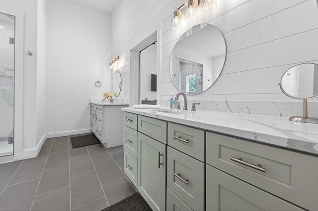 897 Faraday Dr, Ellijay, GA 30540 - bathroom featuring vanity, a stall shower, and tile patterned flooring