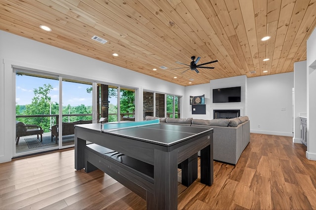 897 Faraday Dr, Ellijay, GA 30540 - playroom with wood ceiling, recessed lighting, ceiling fan, wood finished floors, and a fireplace