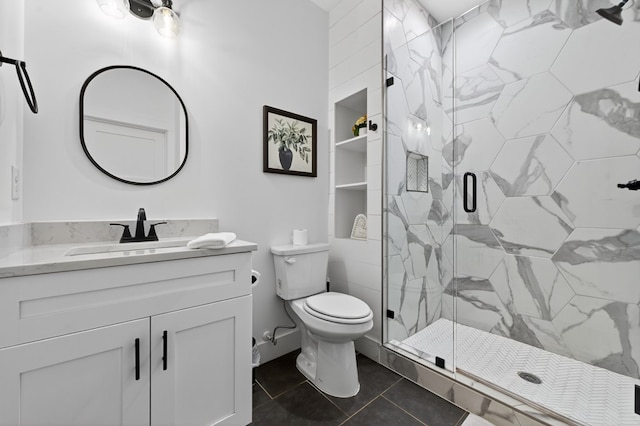 897 Faraday Dr, Ellijay, GA 30540 - bathroom featuring vanity, a marble finish shower, and tile patterned floors