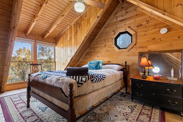 bedroom with light wood finished floors, wood ceiling, wooden walls, and lofted ceiling with beams