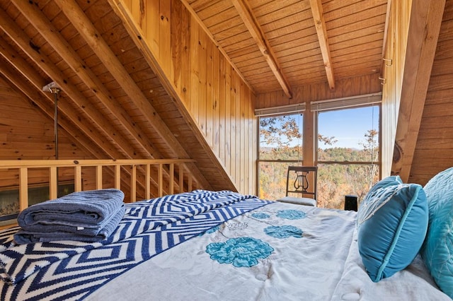 bedroom featuring wood ceiling, wood walls, and vaulted ceiling with beams