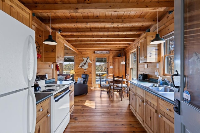 kitchen featuring hardwood / wood-style flooring, white appliances, beam ceiling, wooden ceiling, and dark countertops
