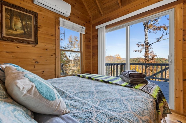 bedroom featuring wooden walls, wooden ceiling, access to outside, lofted ceiling, and an AC wall unit