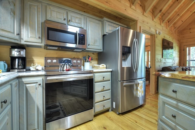 kitchen featuring light wood-type flooring, wood ceiling, stainless steel appliances, wooden walls, and lofted ceiling