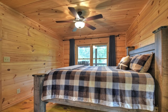 unfurnished bedroom with ceiling fan, wooden ceiling, and wooden walls