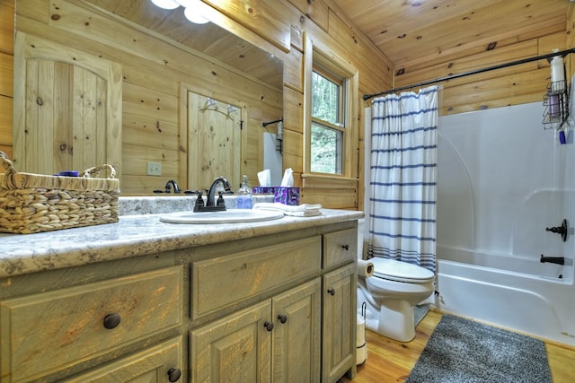 full bathroom featuring wood ceiling, vanity, wood-type flooring, shower / bathtub combination with curtain, and wood walls