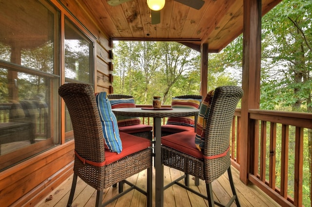 sunroom / solarium with ceiling fan and wooden ceiling