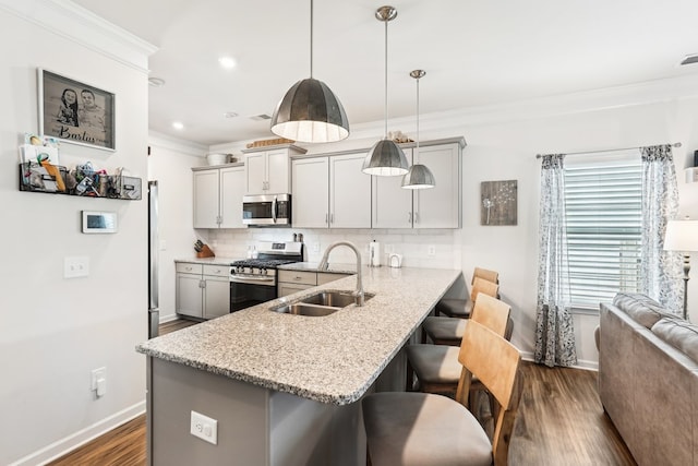 kitchen with baseboards, appliances with stainless steel finishes, a sink, and dark wood finished floors