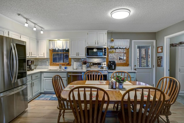 kitchen featuring tasteful backsplash, sink, light hardwood / wood-style flooring, and appliances with stainless steel finishes