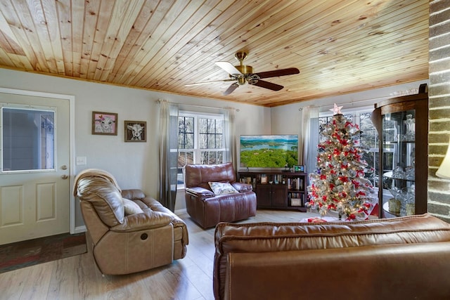 living room with ceiling fan, wood-type flooring, and wood ceiling