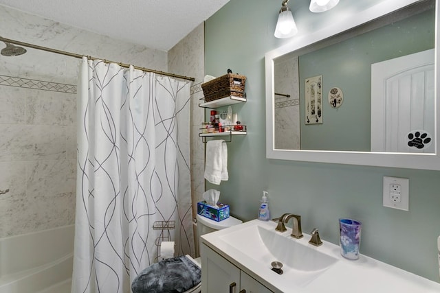 full bathroom with shower / bathtub combination with curtain, vanity, a textured ceiling, and toilet