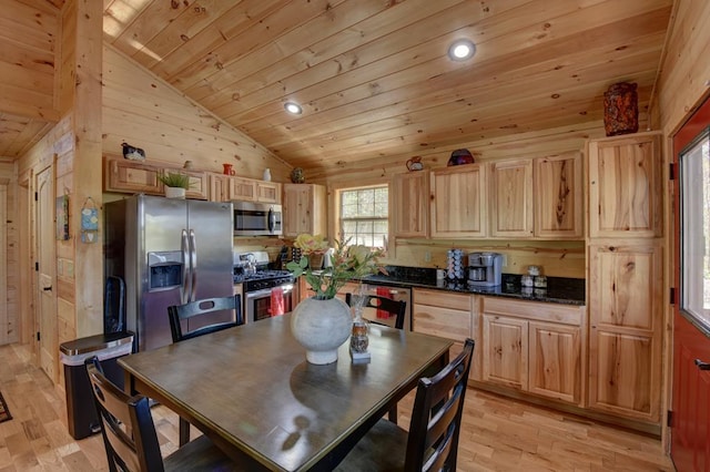 kitchen with light wood-type flooring, stainless steel appliances, wooden walls, and wood ceiling