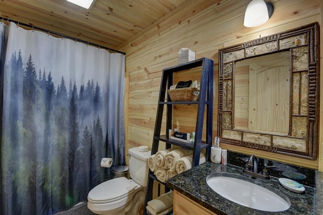 bathroom featuring vanity, toilet, wood ceiling, and wood walls