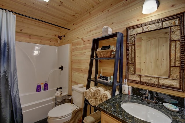 full bathroom with wood ceiling, vanity, shower / bathtub combination with curtain, toilet, and wood walls