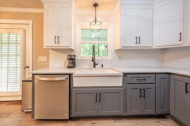 365 Quarles Ln, Ellijay, GA 30540 - kitchen featuring dishwasher, gray cabinets, ornamental molding, backsplash, and light countertops