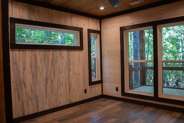 spare room featuring wood ceiling, wooden walls, and dark hardwood / wood-style floors