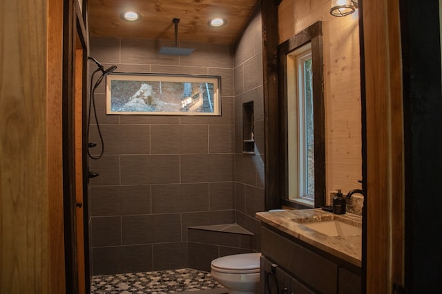 bathroom with vanity, toilet, and a tile shower