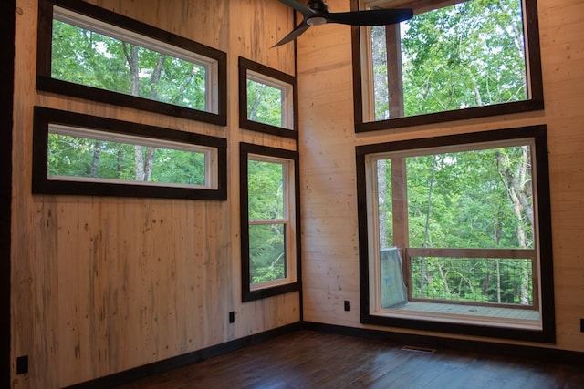 interior space featuring dark hardwood / wood-style flooring, a wealth of natural light, and wooden walls