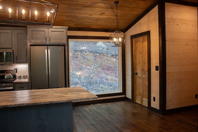 kitchen featuring vaulted ceiling, appliances with stainless steel finishes, dark hardwood / wood-style floors, pendant lighting, and wood walls