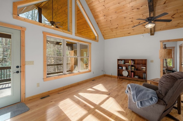 living room featuring visible vents, a ceiling fan, wooden ceiling, light wood-type flooring, and high vaulted ceiling