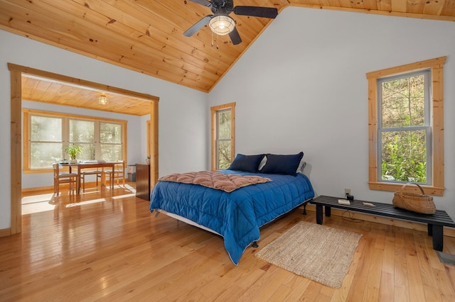 bedroom featuring high vaulted ceiling, light wood-style flooring, and wood ceiling