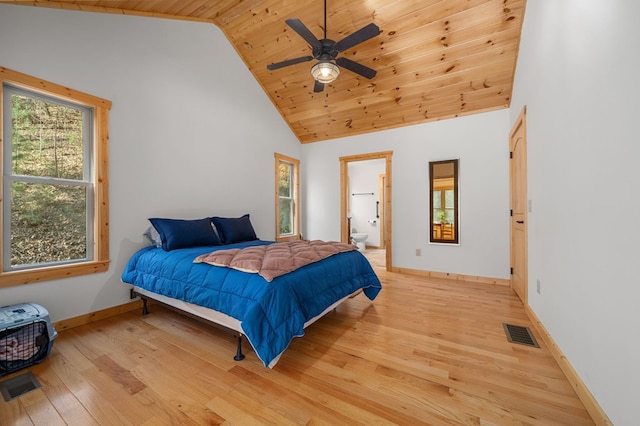 bedroom with light wood finished floors, baseboards, visible vents, wooden ceiling, and high vaulted ceiling