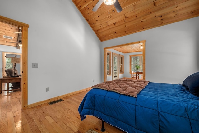 bedroom with wood ceiling, visible vents, light wood-style flooring, and baseboards