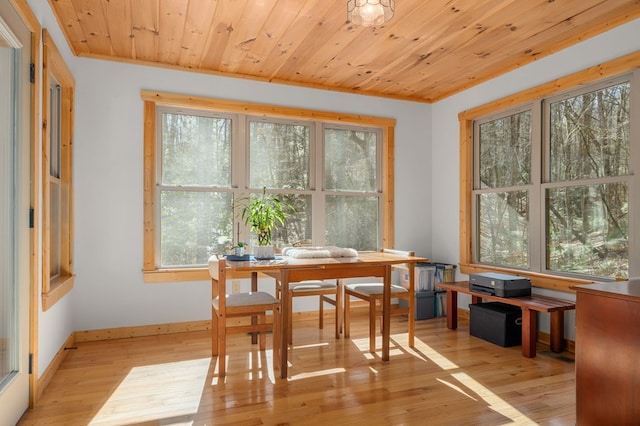 dining space featuring wooden ceiling, light wood-style flooring, and baseboards