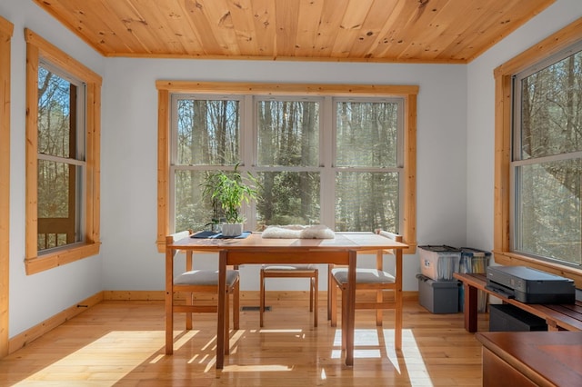 interior space with a wealth of natural light, light wood-type flooring, and wooden ceiling