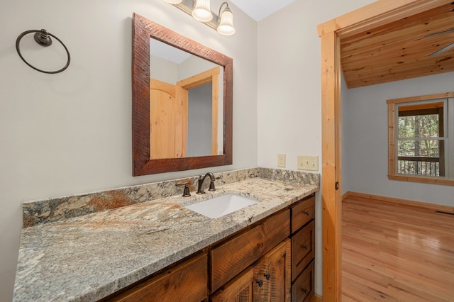 bathroom featuring wood finished floors, vanity, and baseboards