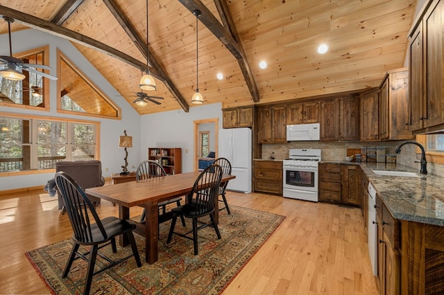 dining room with ceiling fan, high vaulted ceiling, wooden ceiling, light wood-style floors, and beam ceiling