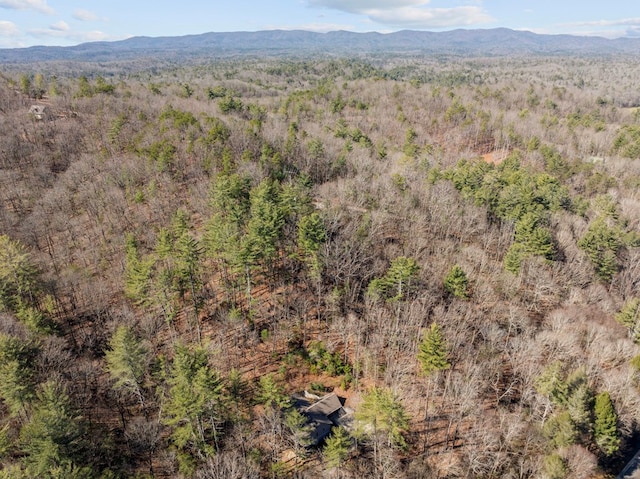 birds eye view of property with a mountain view and a wooded view