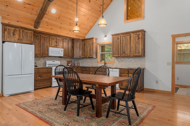 dining room with light wood-style floors, wooden ceiling, high vaulted ceiling, and baseboards