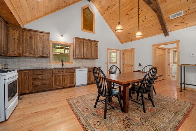 dining space with visible vents, wood ceiling, high vaulted ceiling, light wood-type flooring, and beamed ceiling