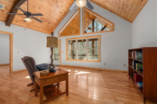 living area with wood ceiling, high vaulted ceiling, ceiling fan, and light wood-style flooring