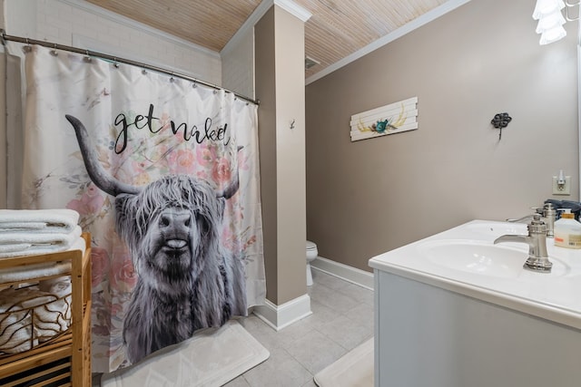 615 Navaho Way, Ellijay, GA 30540 - bathroom with ornamental molding, tile patterned floors, toilet, vanity, and a shower with shower curtain