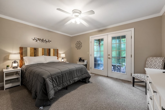 615 Navaho Way, Ellijay, GA 30540 - bedroom featuring access to exterior, ornamental molding, french doors, carpet floors, and a ceiling fan