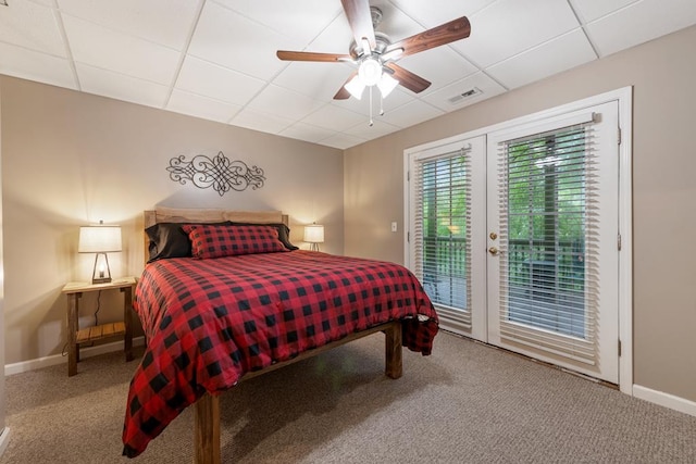615 Navaho Way, Ellijay, GA 30540 - carpeted bedroom featuring a drop ceiling, access to exterior, baseboards, and a ceiling fan