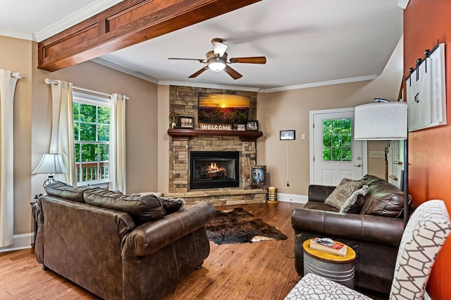 615 Navaho Way, Ellijay, GA 30540 - living area with a ceiling fan, hardwood / wood-style floors, a fireplace, ornamental molding, and baseboards