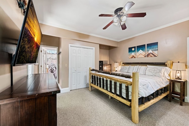 615 Navaho Way, Ellijay, GA 30540 - bedroom featuring ornamental molding, carpet, ceiling fan, and a closet